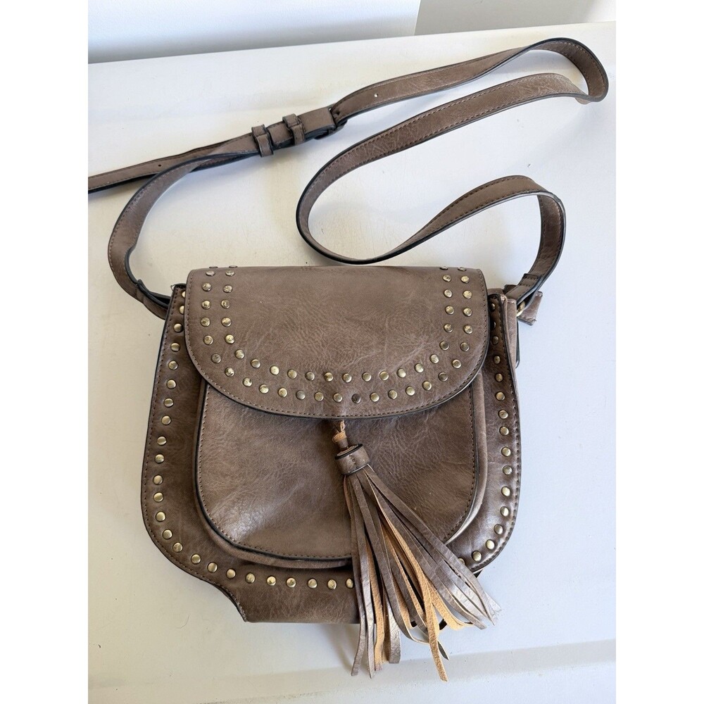 Taupe Brown Studded Crossbody Bag Fringe Tassel Flap Purse Bohemian Casual⁠